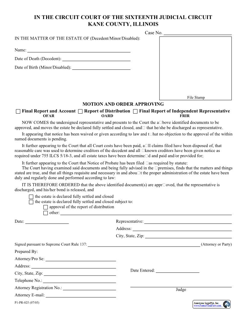 Motion And Order Approving {P1-PR-025} | Pdf Fpdf Docx | Illinois