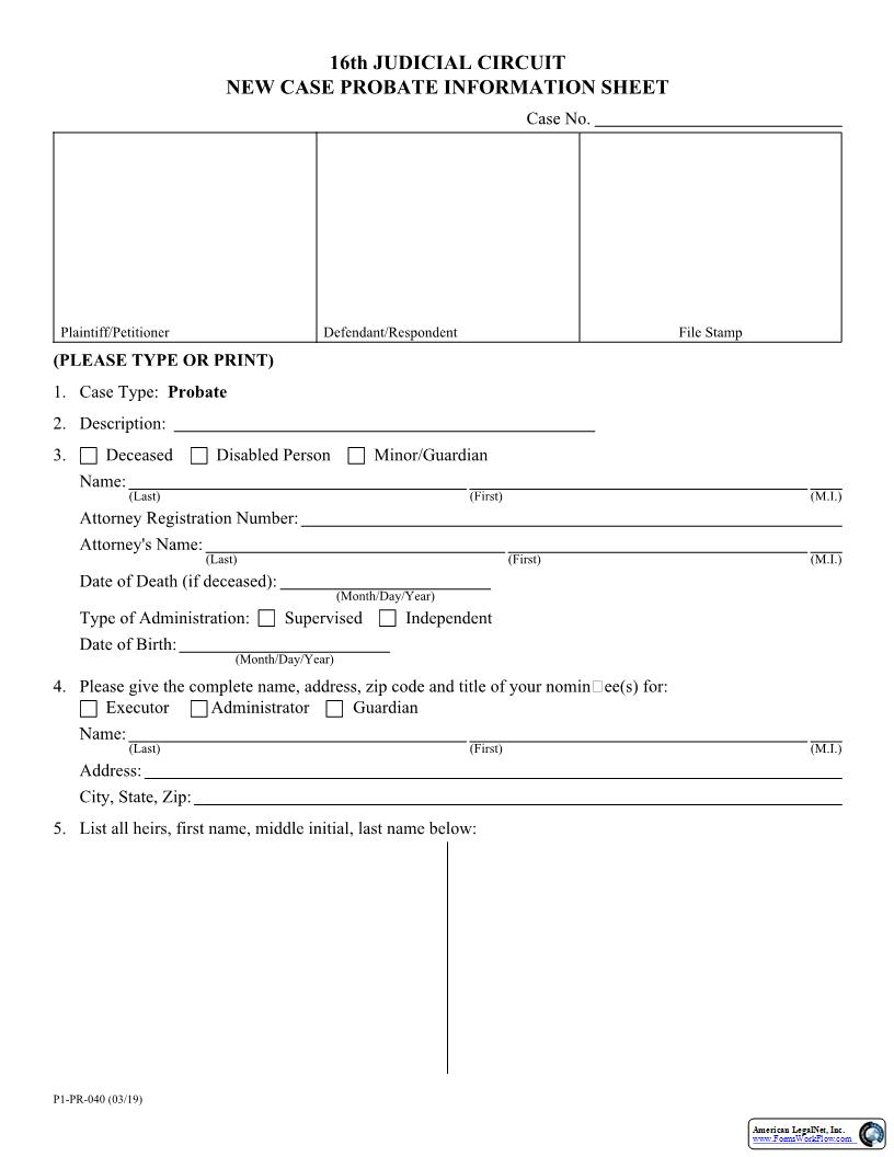 New Case Probate Information Sheet {P1-PR-40} | Pdf Fpdf Docx | Illinois