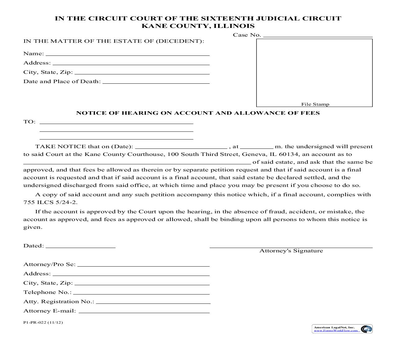Notice Of Hearing On Account And Allowance Of Fees {P1-PR-022} | Pdf Fpdf Doc Docx | Illinois