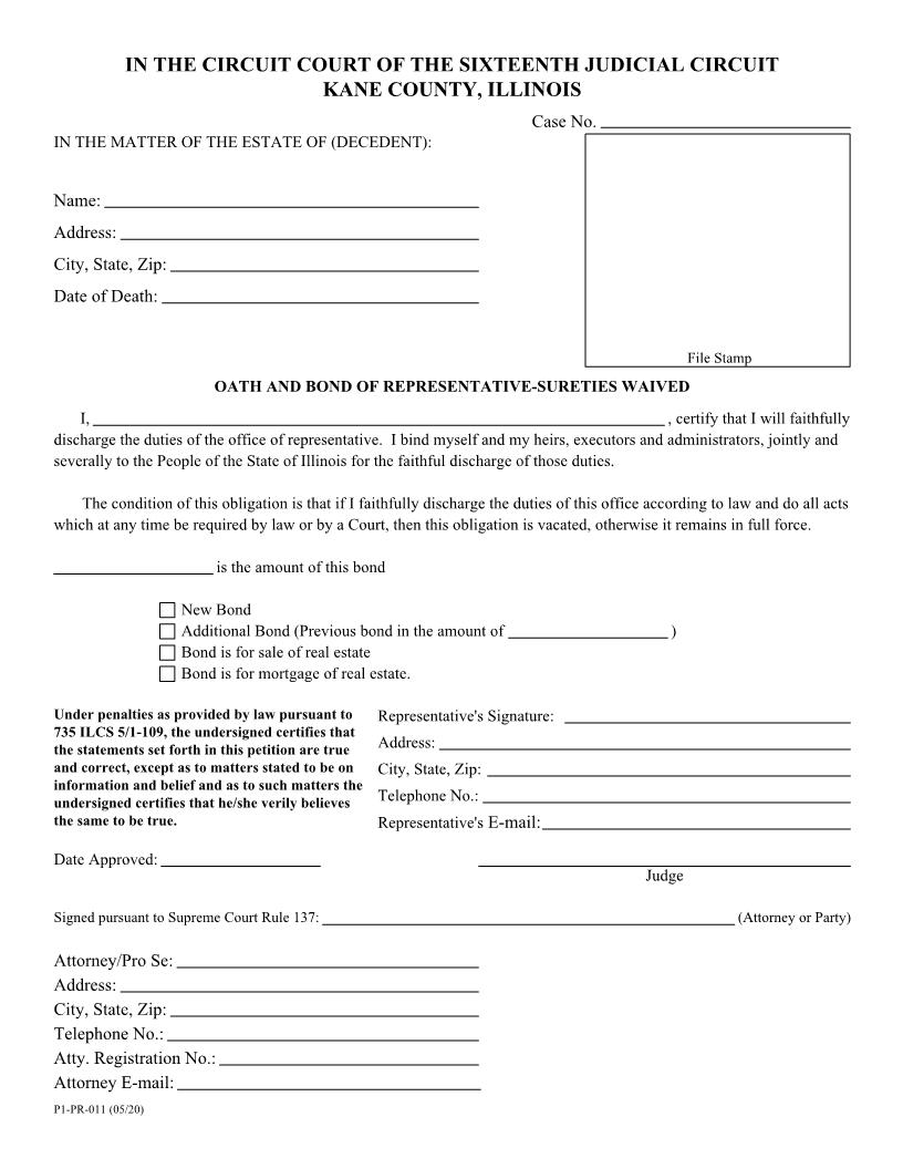 Oath And Bond Of Representative Sureties Waived {P1-PR-011} | Pdf Fpdf Doc Docx | Illinois