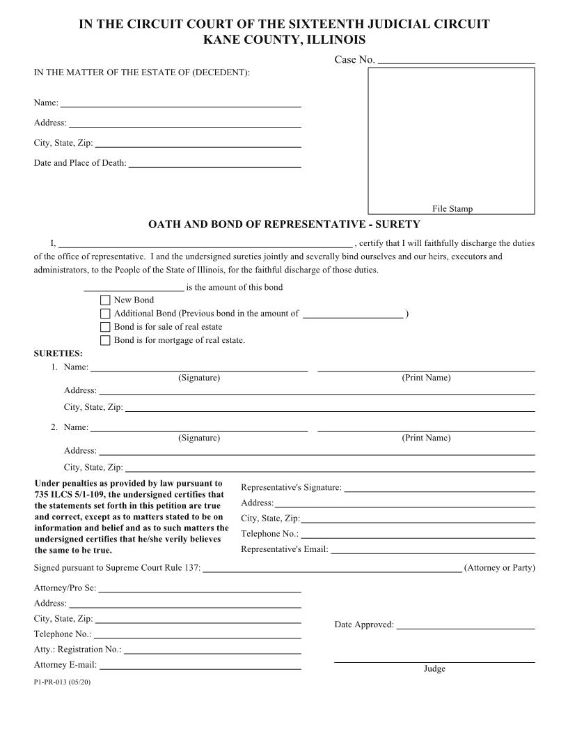 Oath And Bond Of Representative Surety {P1-PR-013} | Pdf Fpdf Doc Docx | Illinois