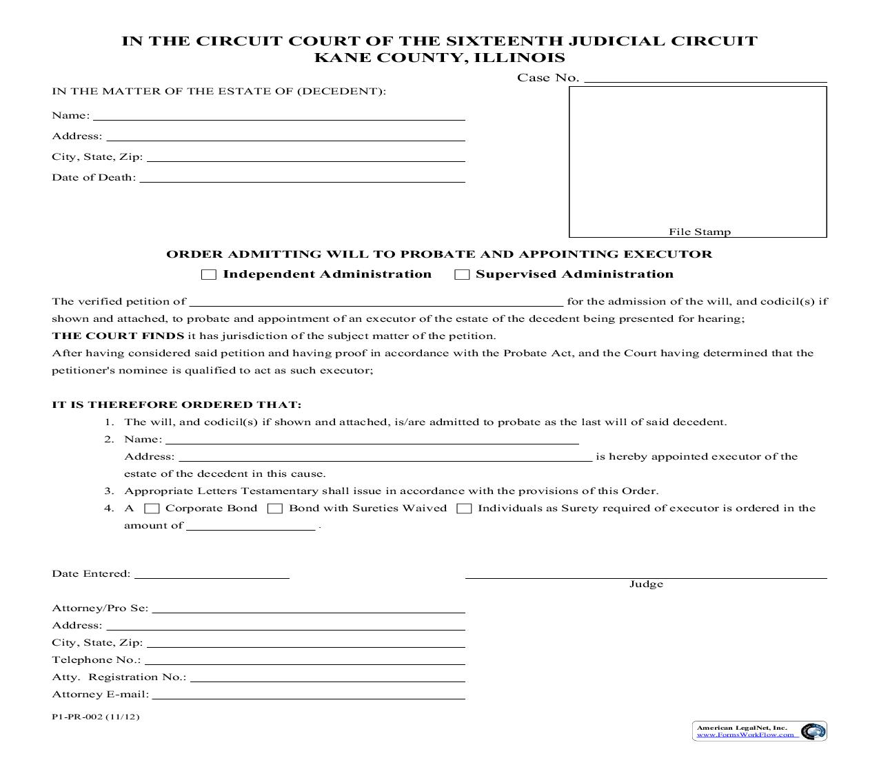 Order Admitting Will To Probate And Appointing Executor {P1-PR-002} | Pdf Fpdf Doc Docx | Illinois