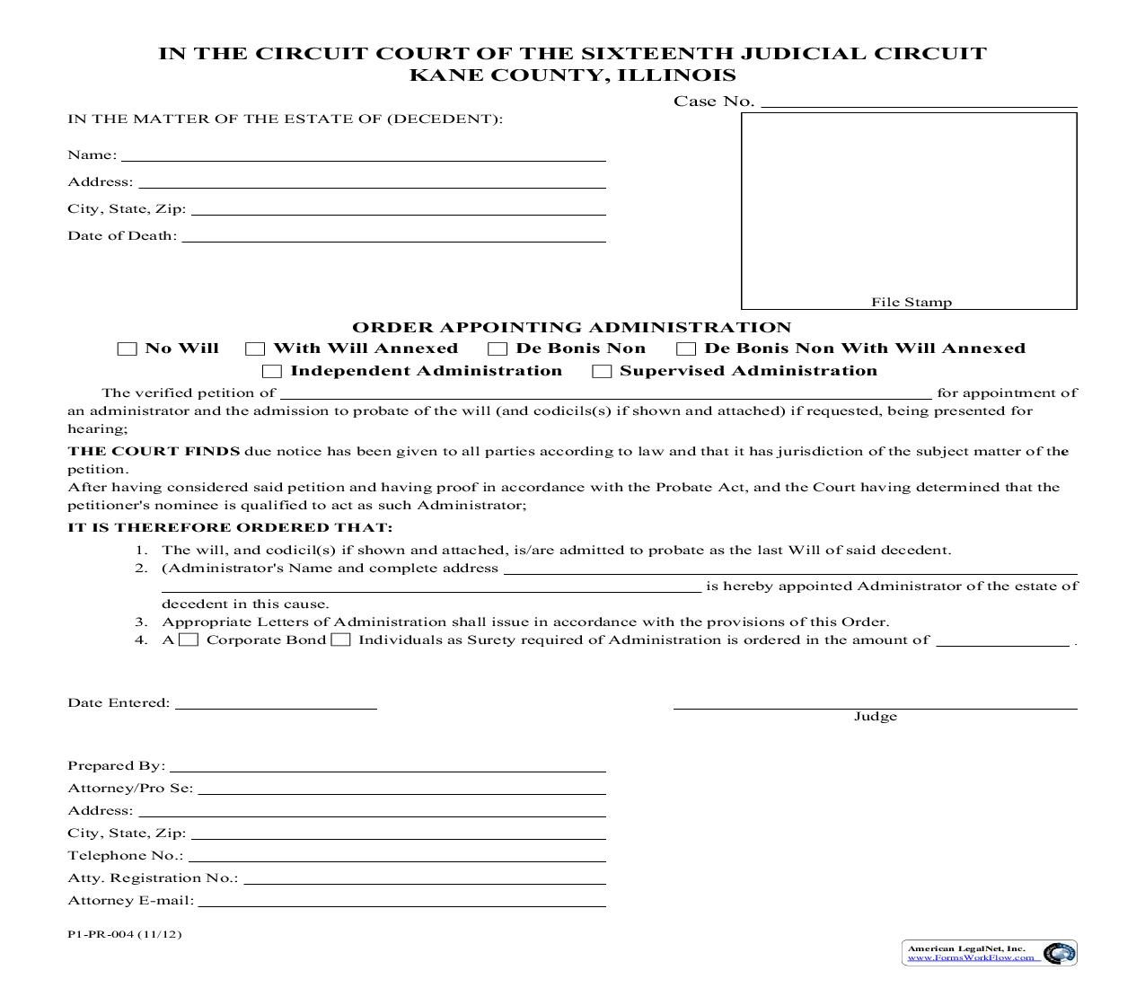 Order Appointing Administration {P1-PR-004} | Pdf Fpdf Doc Docx | Illinois