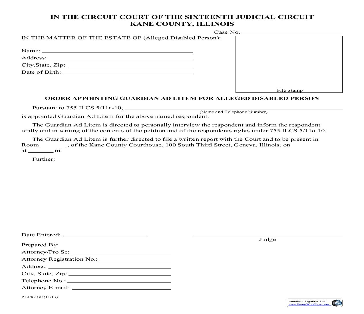 Order Appointing Guardian Ad Litem For Alleged Disabled Person {P1-PR-030} | Pdf Fpdf Doc Docx | Illinois