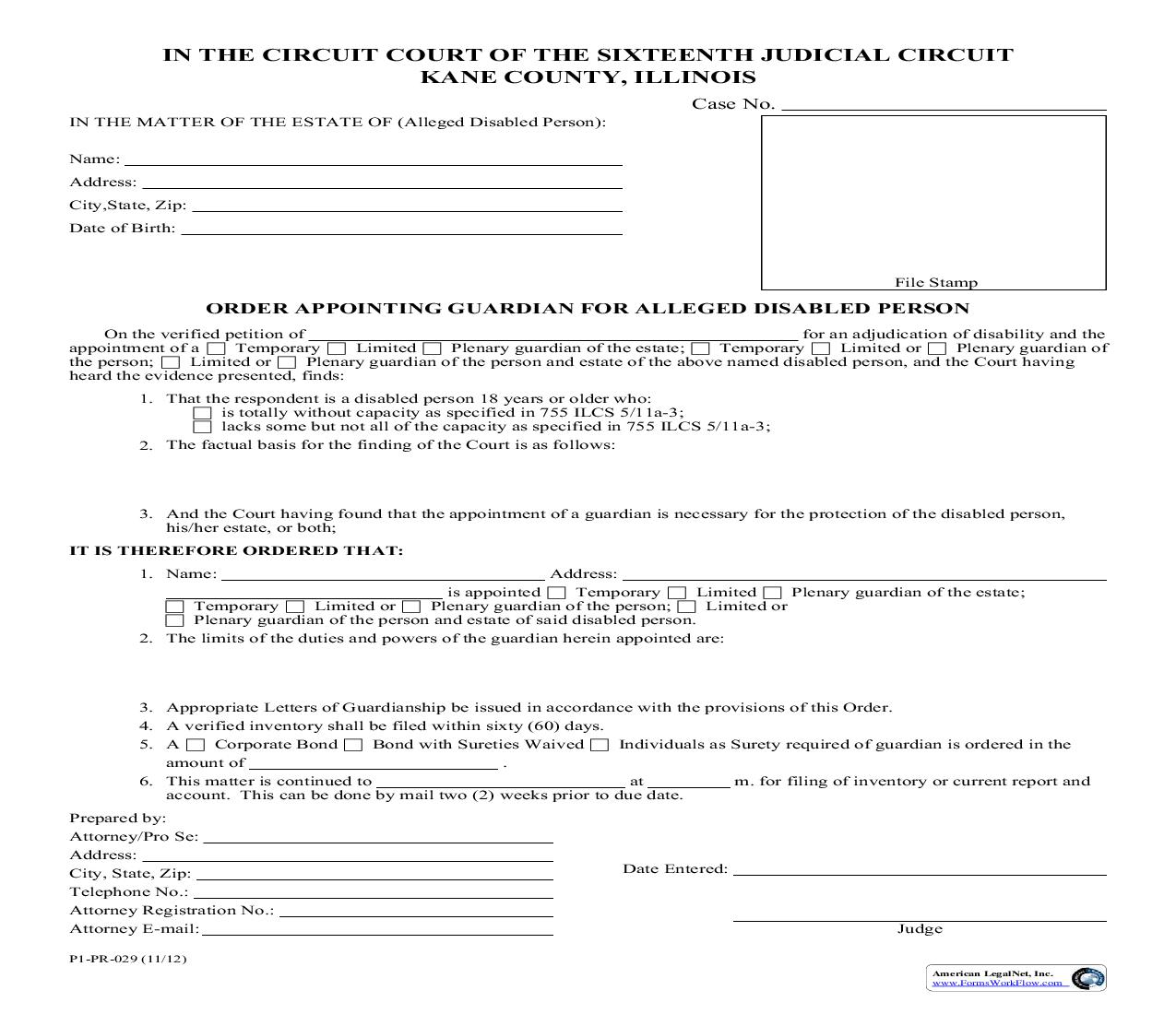 Order Appointing Guardian For Alleged Disabled Person {P1-PR-029} | Pdf Fpdf Doc Docx | Illinois