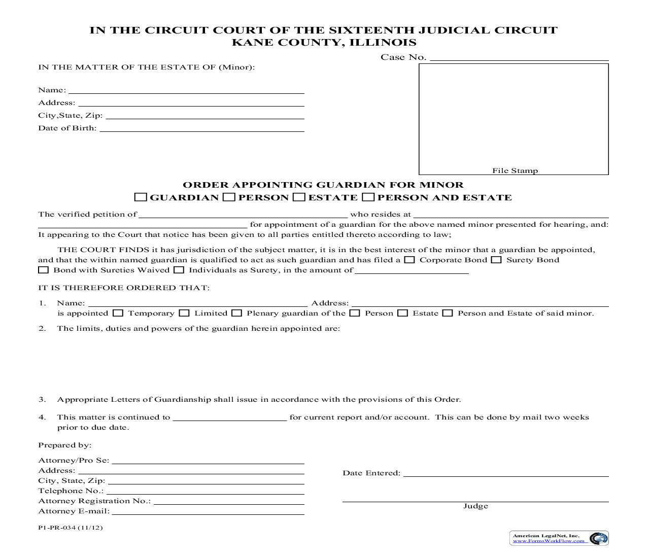 Order Appointing Guardian For Minor {P1-PR-034} | Pdf Fpdf Doc Docx | Illinois