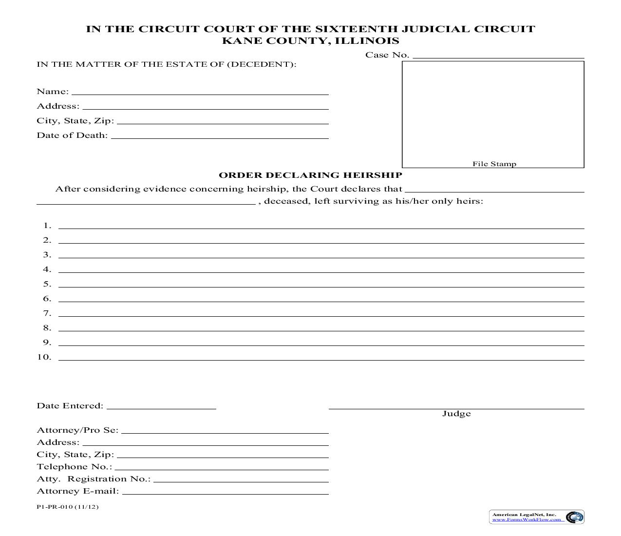 Order Declaring Heirship {P1-PR-010} | Pdf Fpdf Doc Docx | Illinois