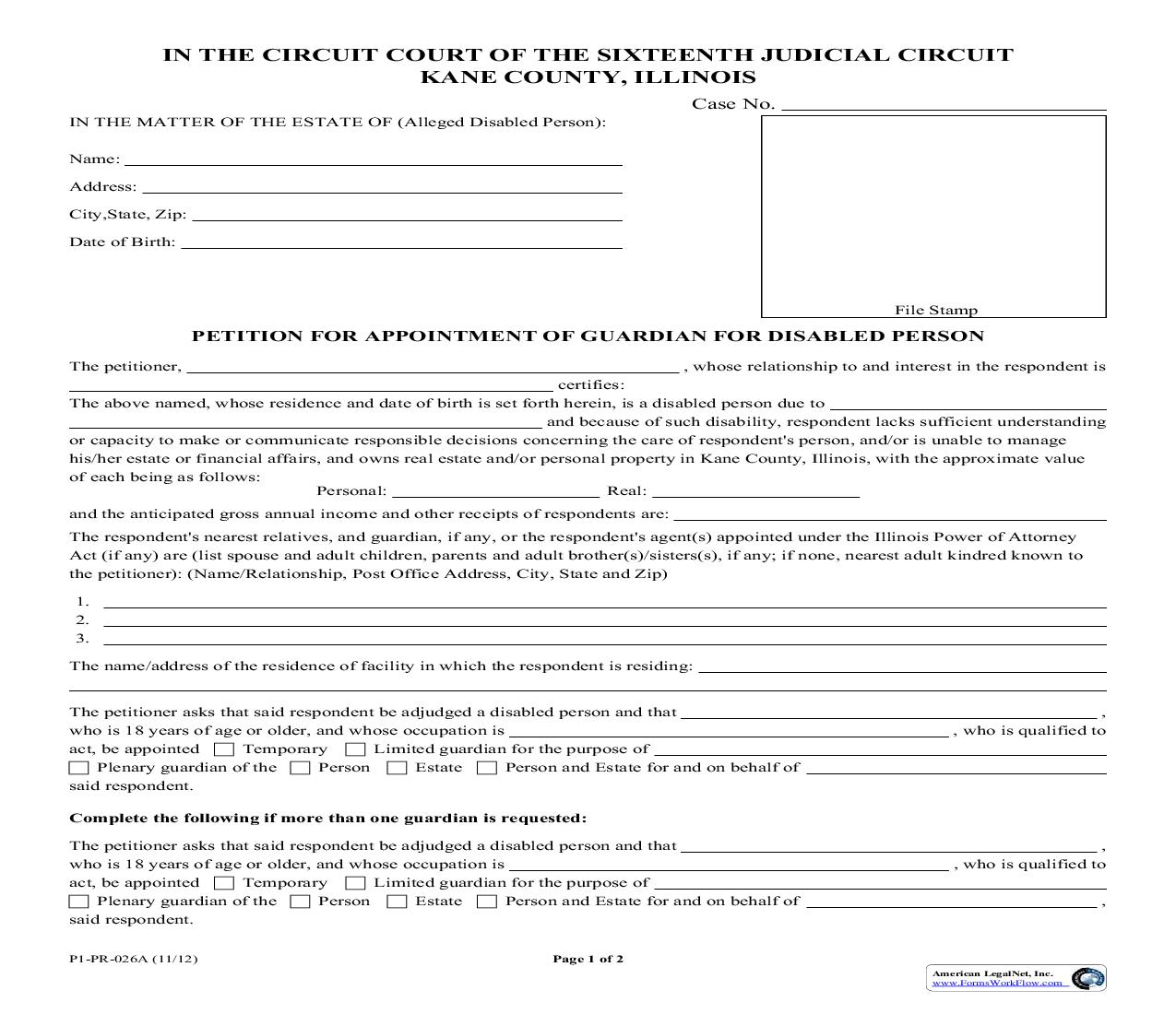 Petition For Appointment Of Guardian For Disabled Person {P1-PR-026} | Pdf Fpdf Doc Docx | Illinois
