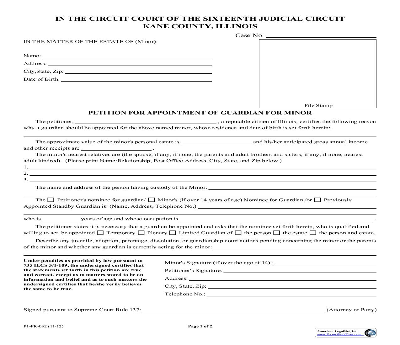 Petition For Appointment Of Guardian For Minor {P1-PR-032} | Pdf Fpdf Doc Docx | Illinois