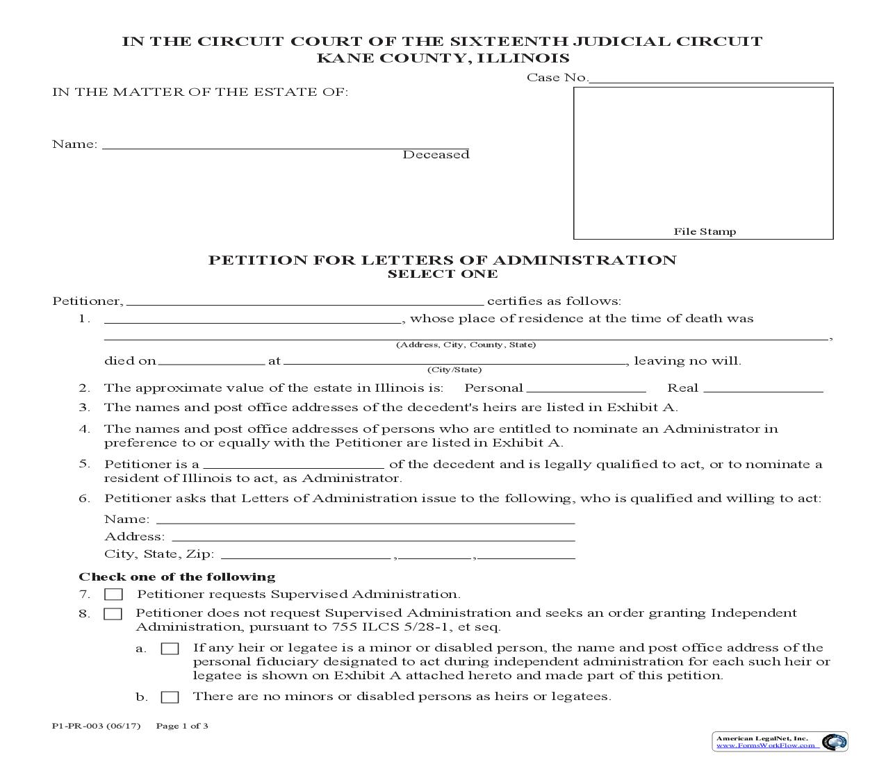 Petition For Letters Of Administration {P1-PR-003} | Pdf Fpdf Doc Docx | Illinois