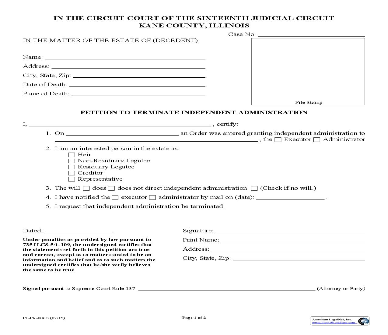Petition To Terminate Independent Administration And Notice Of Rights {P1-PR-006} | Pdf Fpdf Doc Docx | Illinois