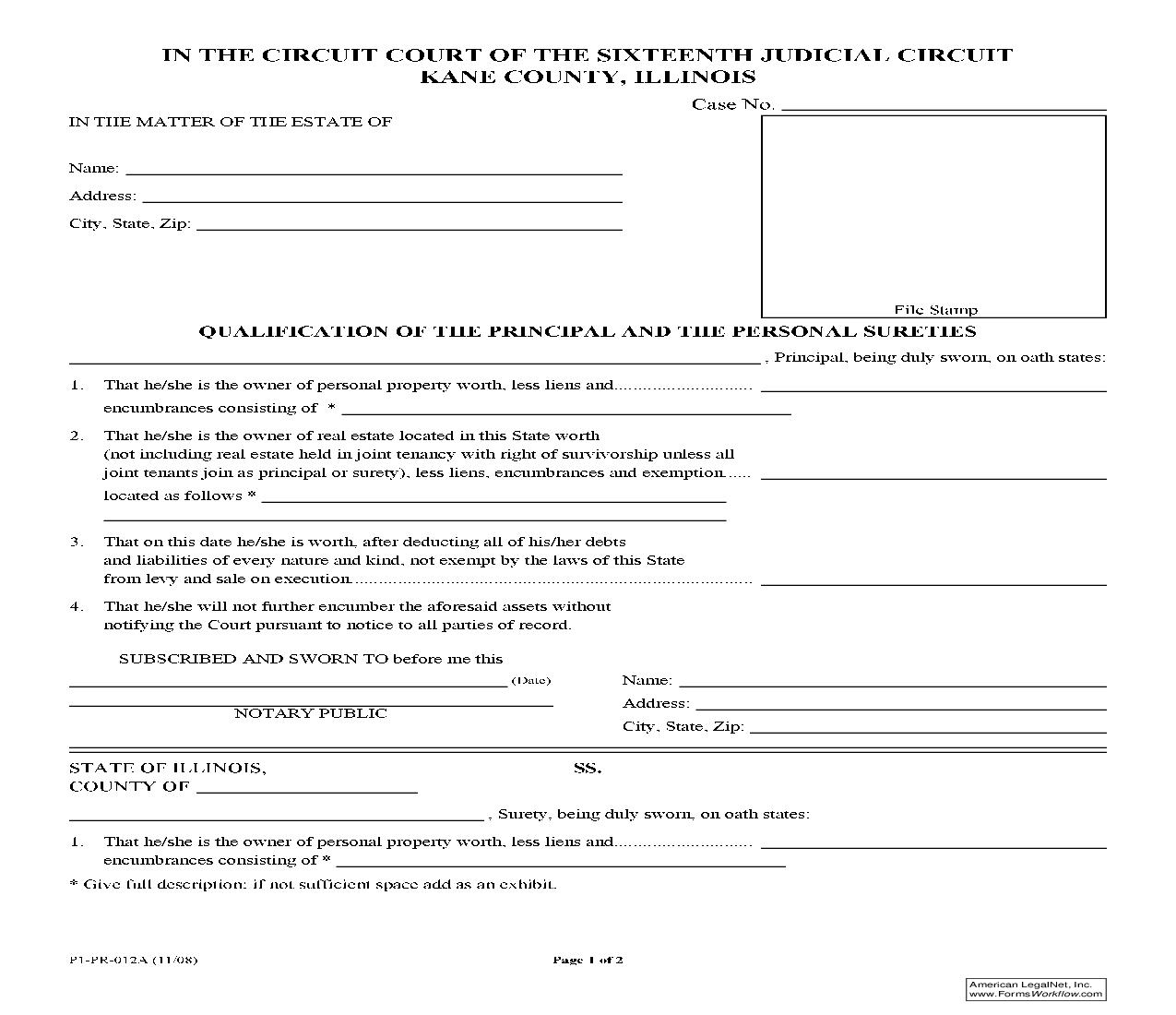 Qualification Of The Principal And The Personal Sureties {P1-PR-012} | Pdf Fpdf Doc Docx | Illinois