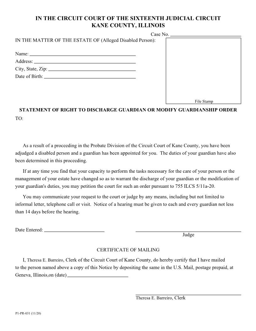 Statement Of Right To Discharge Guardian Or Modify Guardianship Order {P1-PR-031} | Pdf Fpdf Doc Docx | Illinois