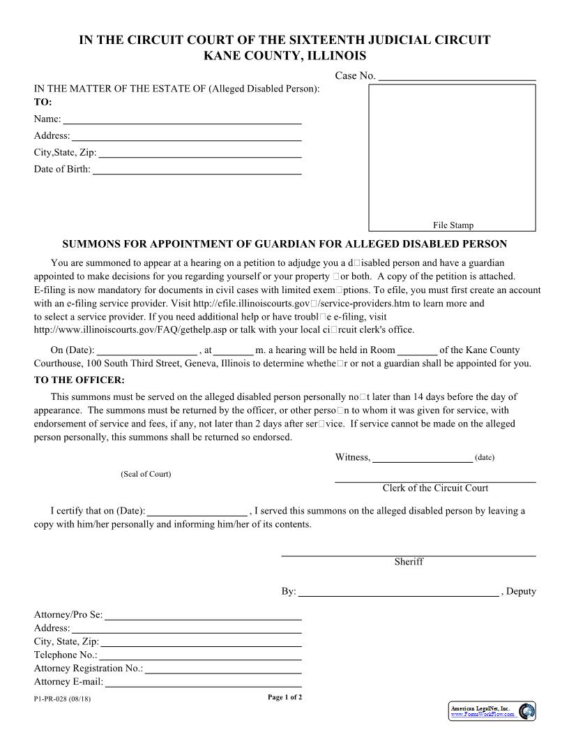 Summons For Appointment Of Guardian For Alleged Disabled Person {P1-PR-028} | Pdf Fpdf Docx | Illinois