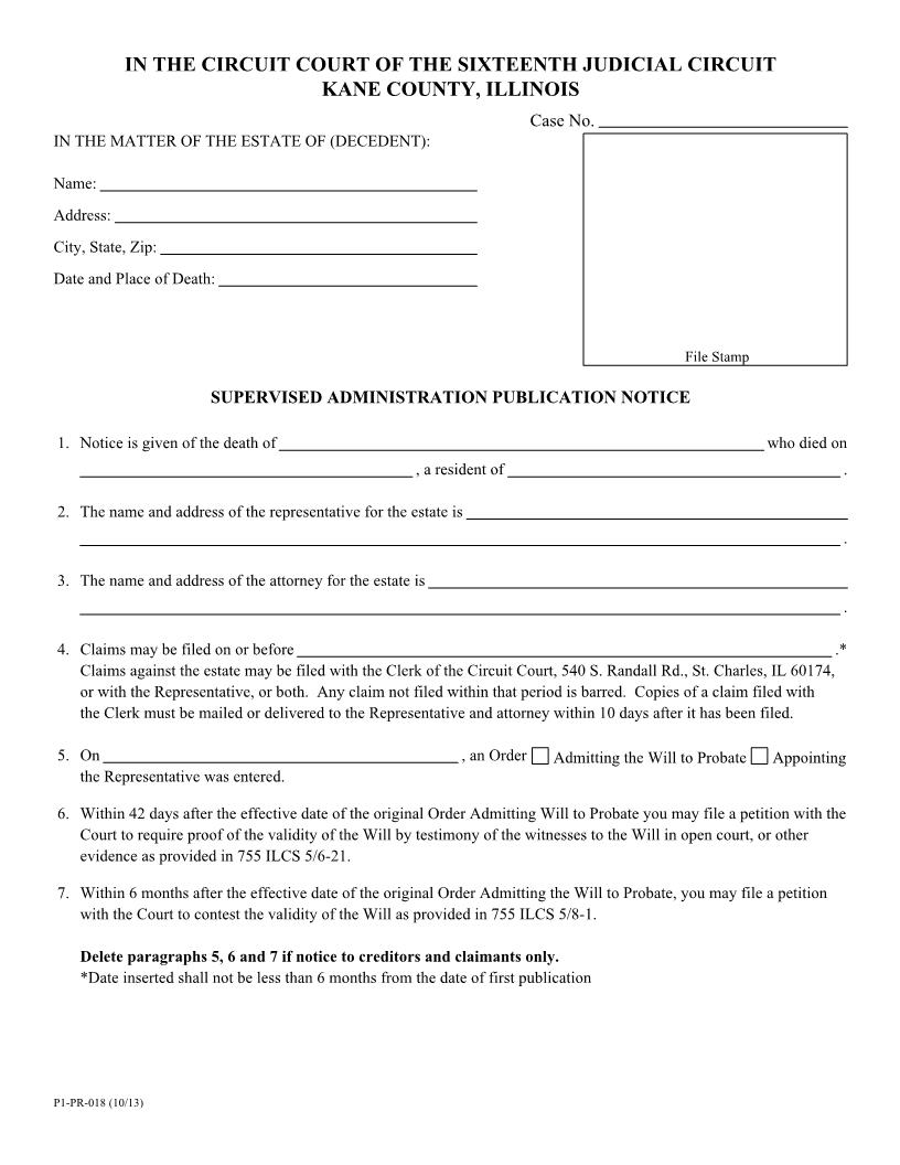 Supervised Administration Publication Notice {P1-PR-018} | Pdf Fpdf Docx | Illinois