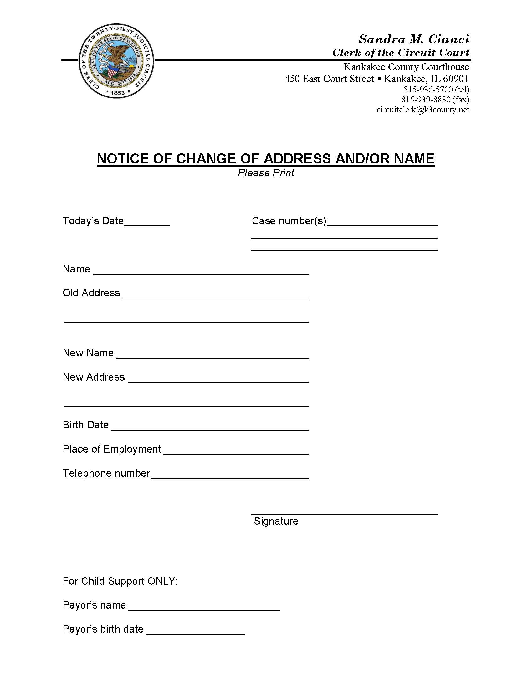 Notice Of Change Of Address And-Or Name {KAN NCAN} | Pdf Fpdf Docx | Illinois