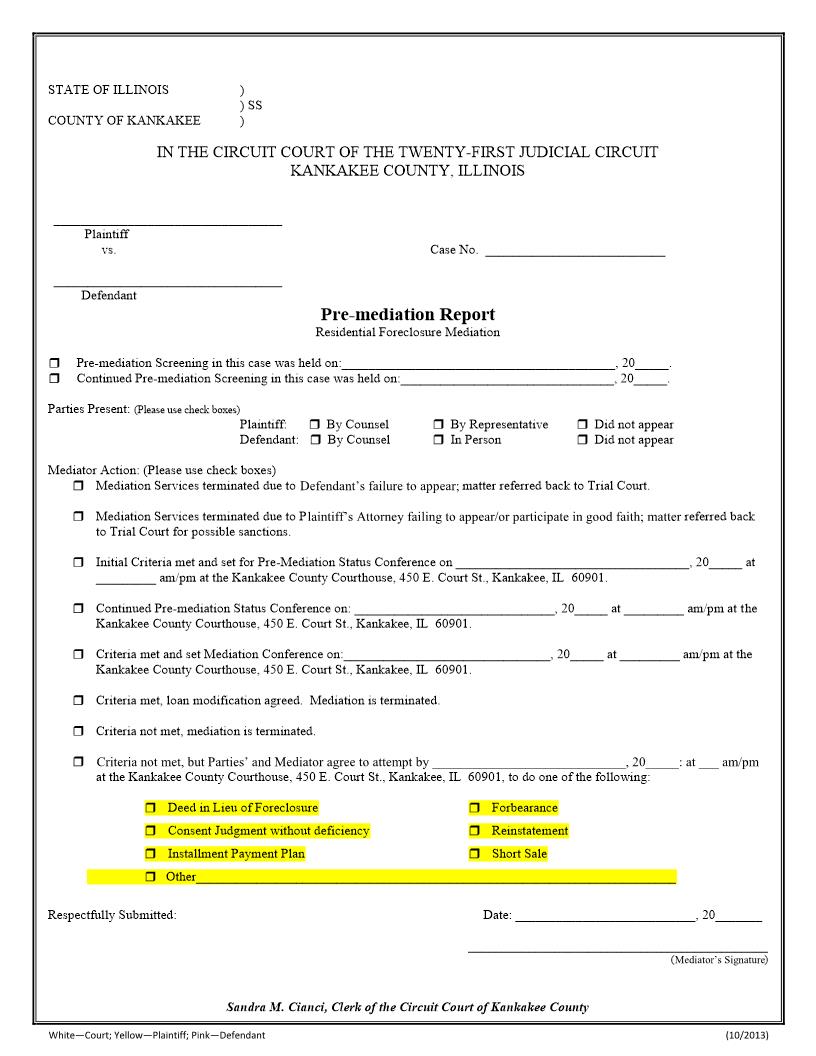 Pre-Mediation Report Residential Foreclosure Mediation | Pdf Fpdf Docx | Illinois