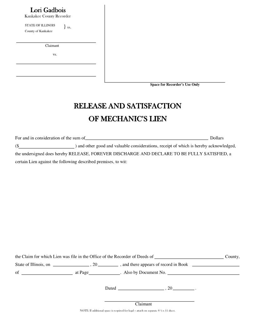 Release And Satisfaction Of Mechanics Lien | Pdf Fpdf Docx | Illinois