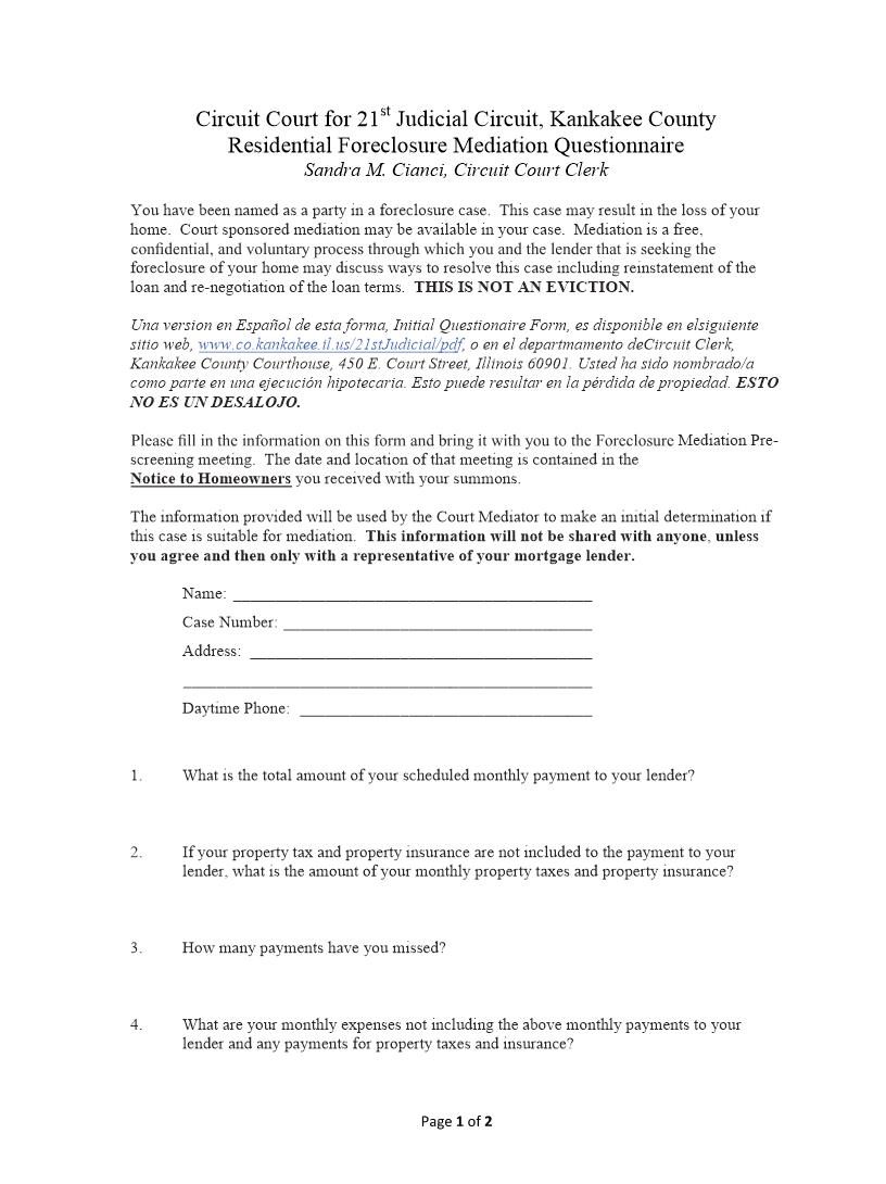Residential Foreclosure Mediation Questionnaire | Pdf Fpdf Docx | Illinois