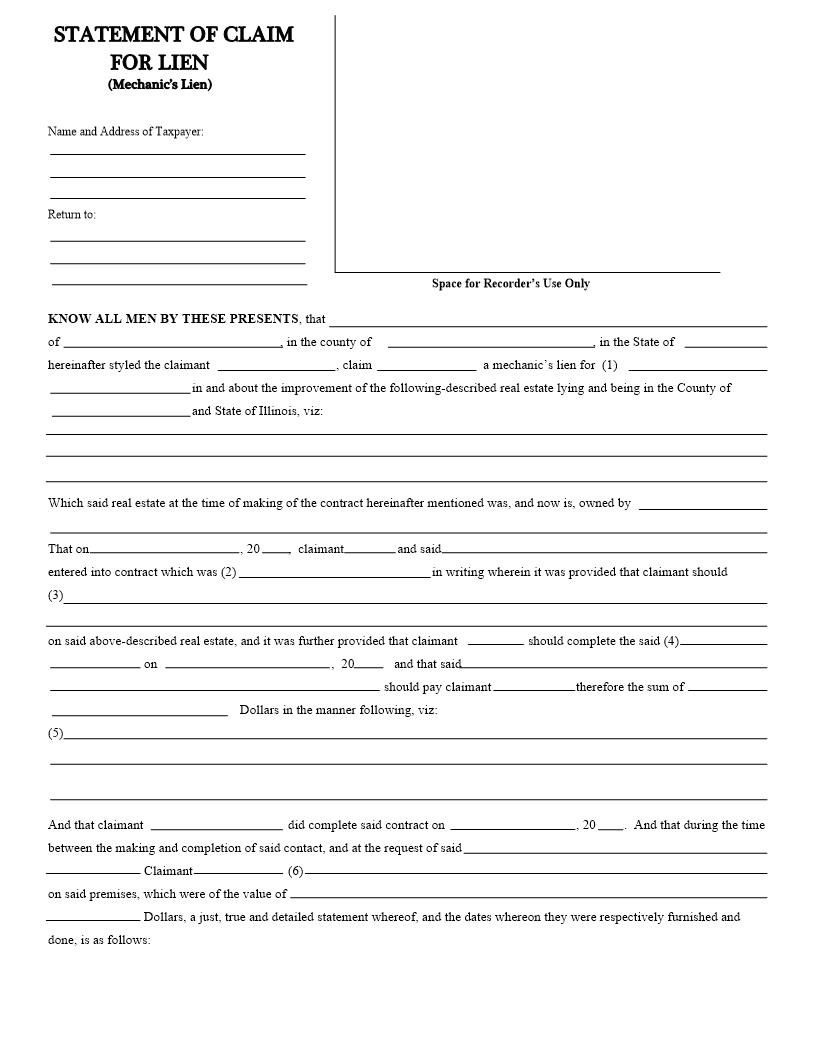 Statement Of Claim For Lien (Mechanics Lien) | Pdf Fpdf Docx | Illinois