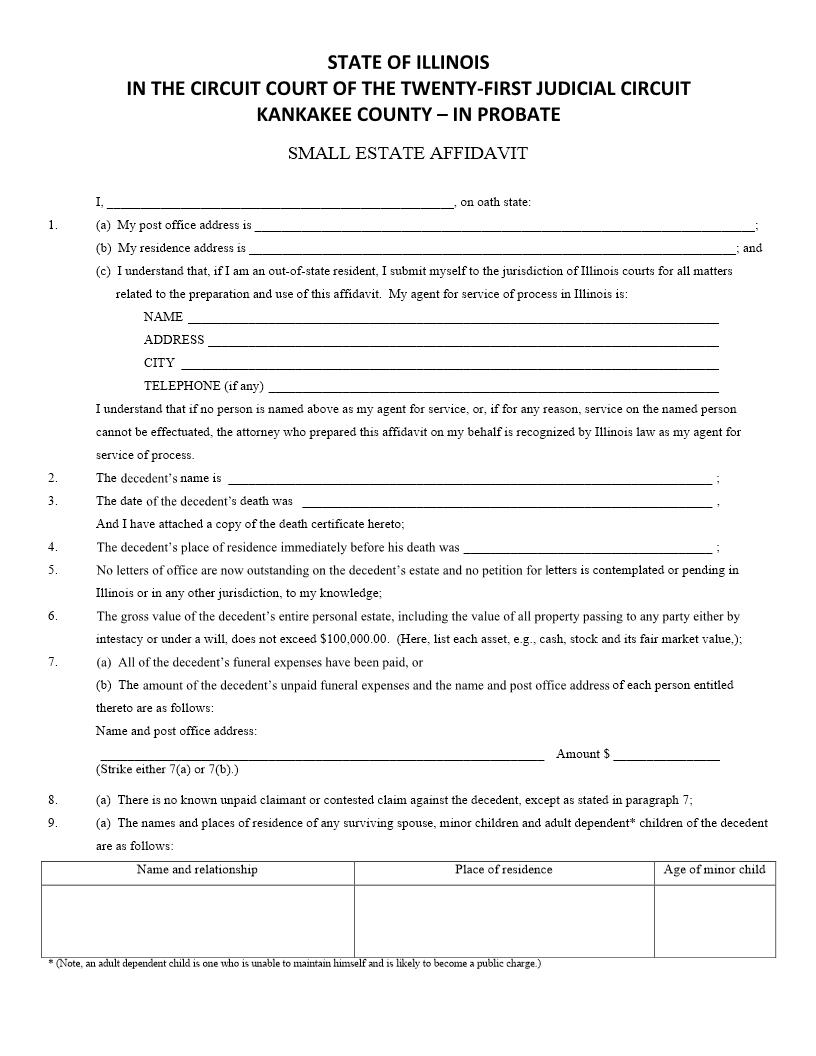 Small Estate Affidavit | Pdf Fpdf Docx | Illinois