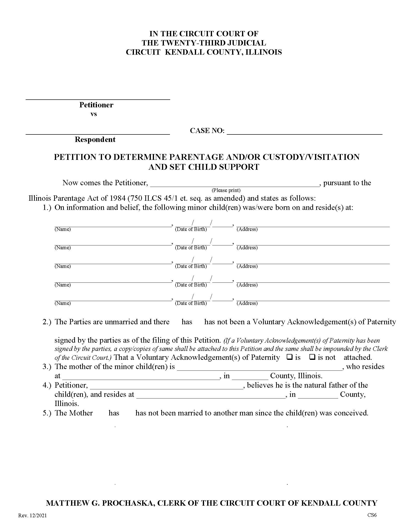 Petition To Determine Parentage-Custody-Visitation-Set Child Support | Pdf Fpdf Docx | Illinois