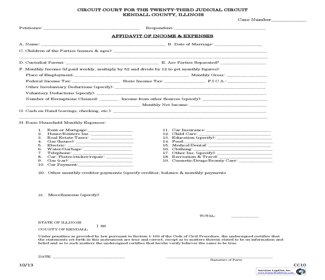 Affidavit Of Income And Expenses | Pdf Fpdf Doc Docx | Illinois