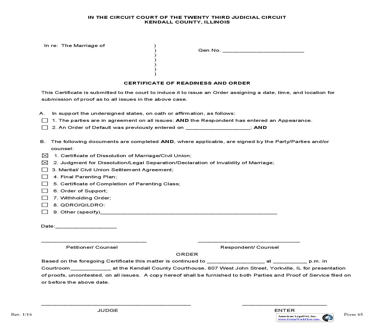 Certificate Of Readiness And Order {65} | Pdf Fpdf Doc Docx | Illinois
