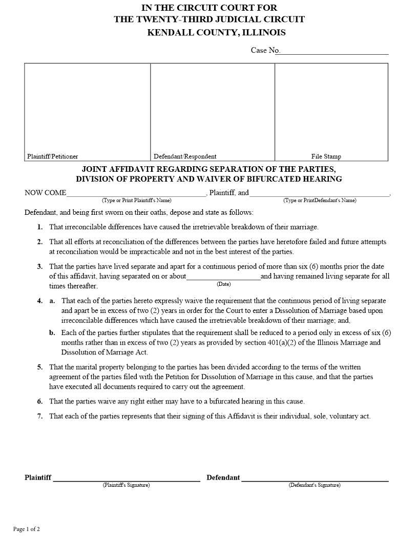 Joint Affidavit Regarding Separation Of Parties Property Waiver Of Bifurcated Hearing | Pdf Fpdf Docx | Illinois