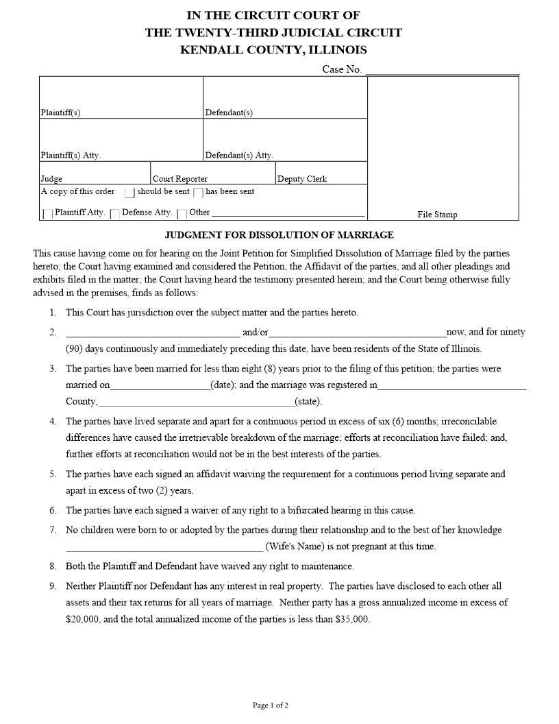 Judgment For Dissoluton Of Marriage | Pdf Fpdf Docx | Illinois