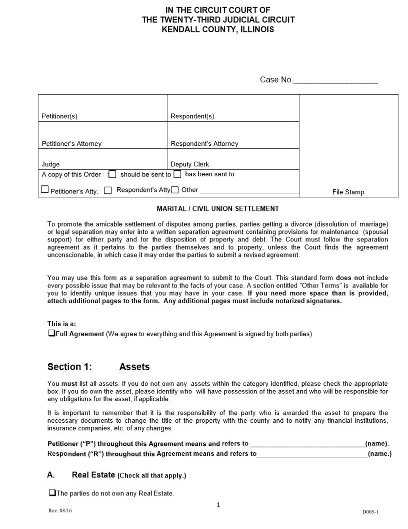 Marital Civil Union Settlement {D005} | Pdf Fpdf Docx | Illinois