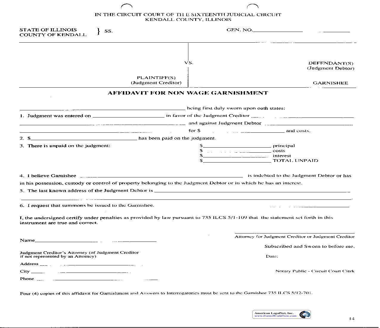 Affidavit For Non Wage Garnishment {14} | Pdf Fpdf Doc Docx | Illinois