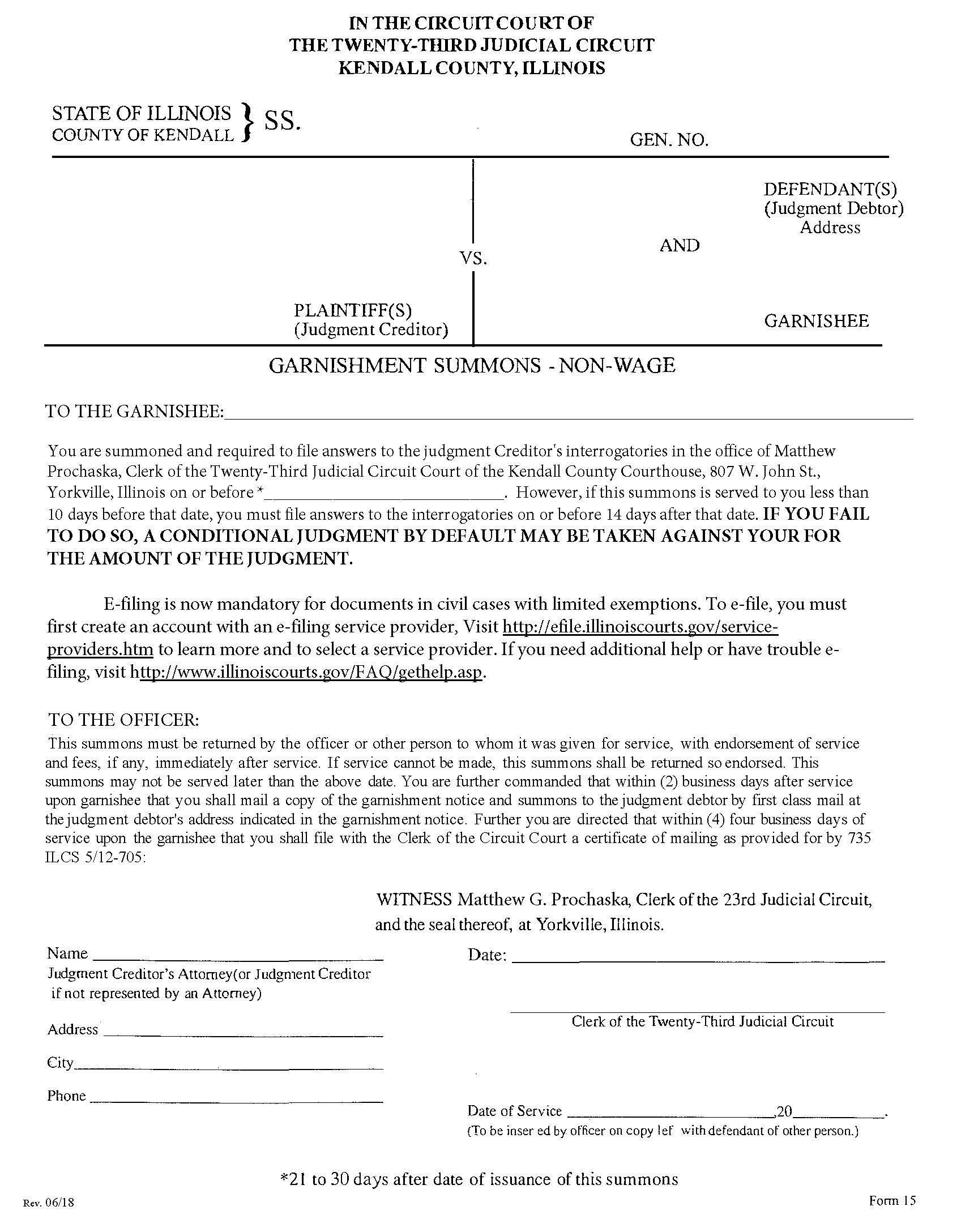 Garnishment Summons - Non-Wage {15} | Pdf Fpdf Doc Docx | Illinois