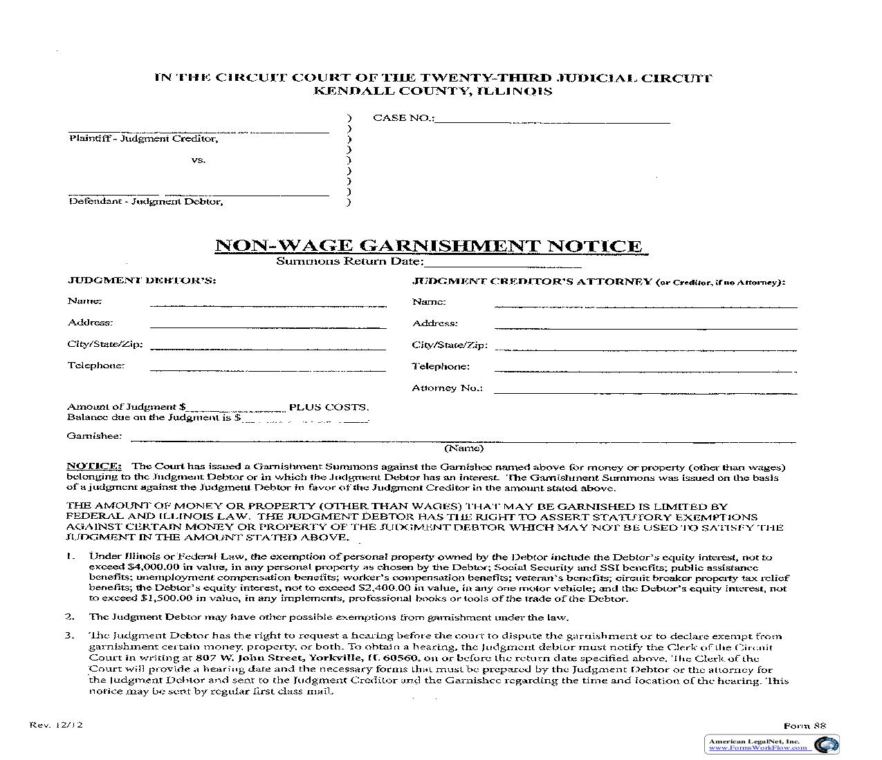 Non-Wage Garnishment Notice {88} | Pdf Fpdf Doc Docx | Illinois