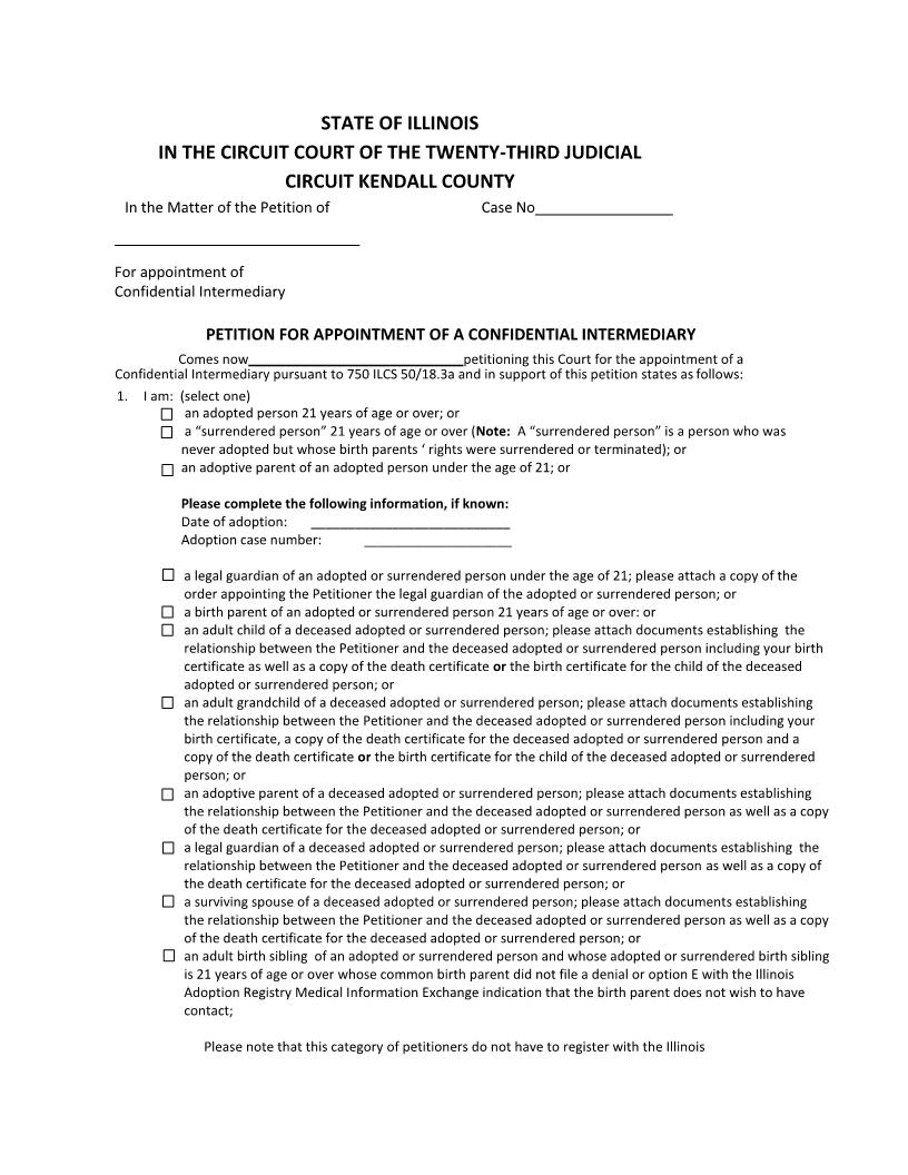Petition For Appointment Of A Confidential Intermediary | Pdf Fpdf Docx | Illinois