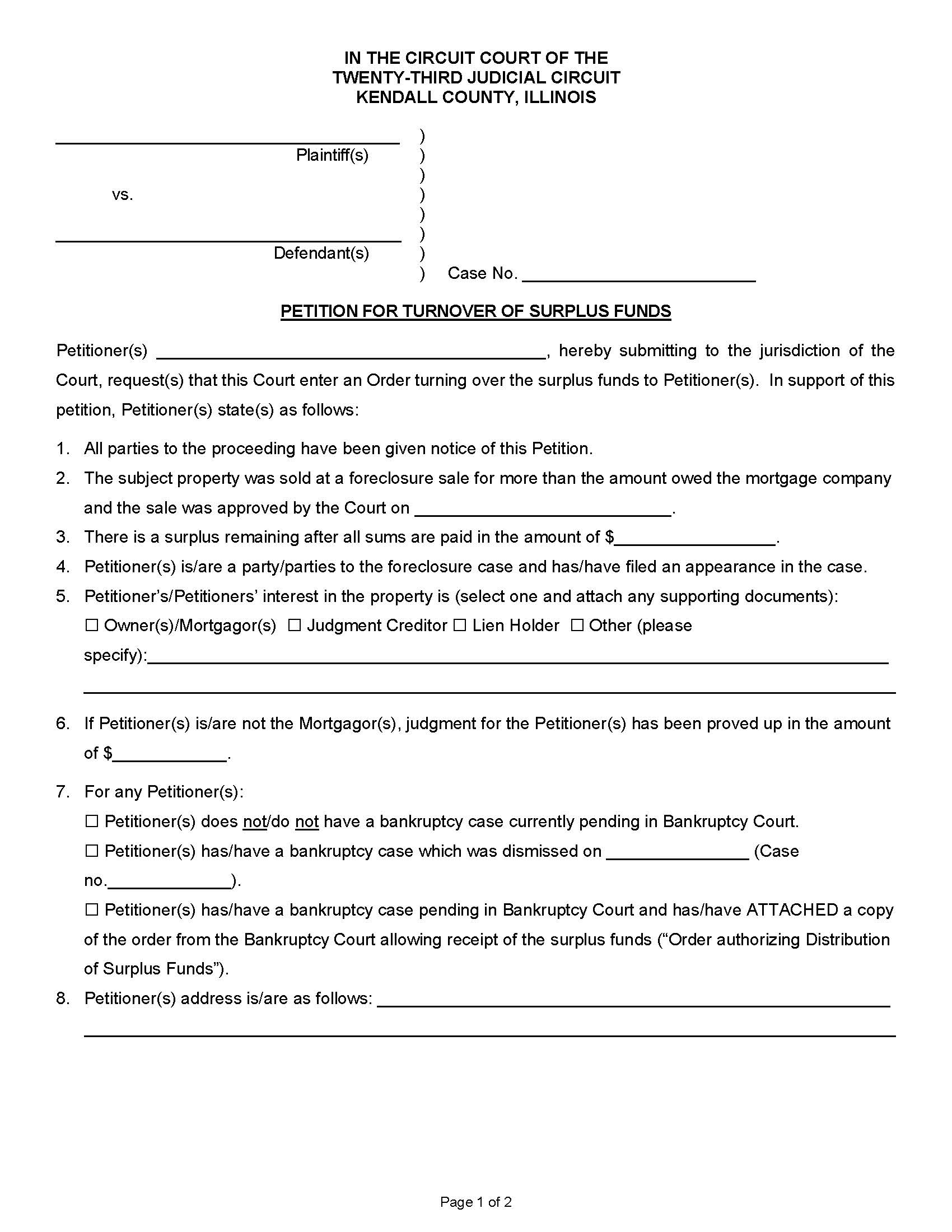 Petition For Turnover Of Surplus Funds | Pdf Fpdf Docx | Illinois