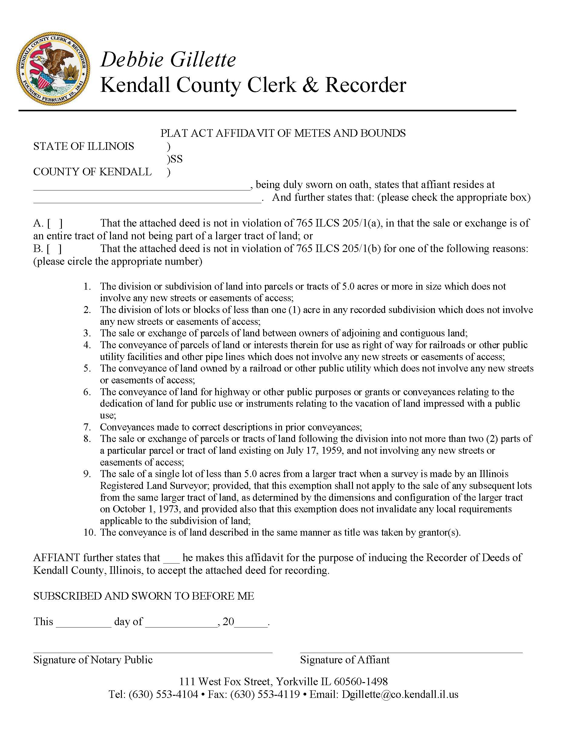 Plat Act Affidavit Of Metes And Bounds | Pdf Fpdf Docx | Illinois