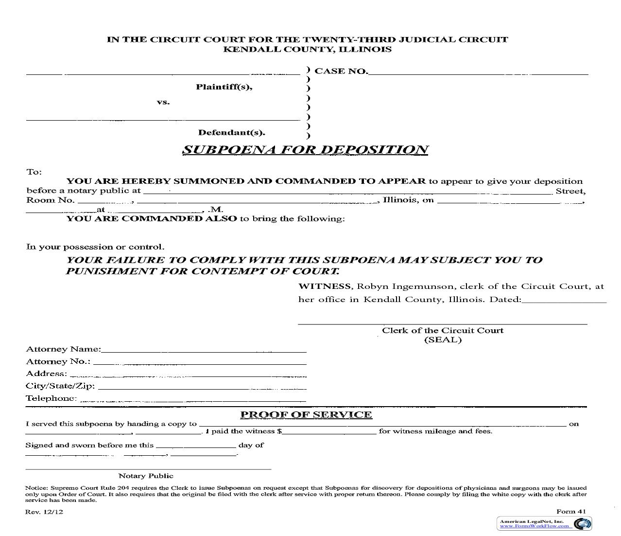 Subpoena For Deposition {41} | Pdf Fpdf Docx | Illinois