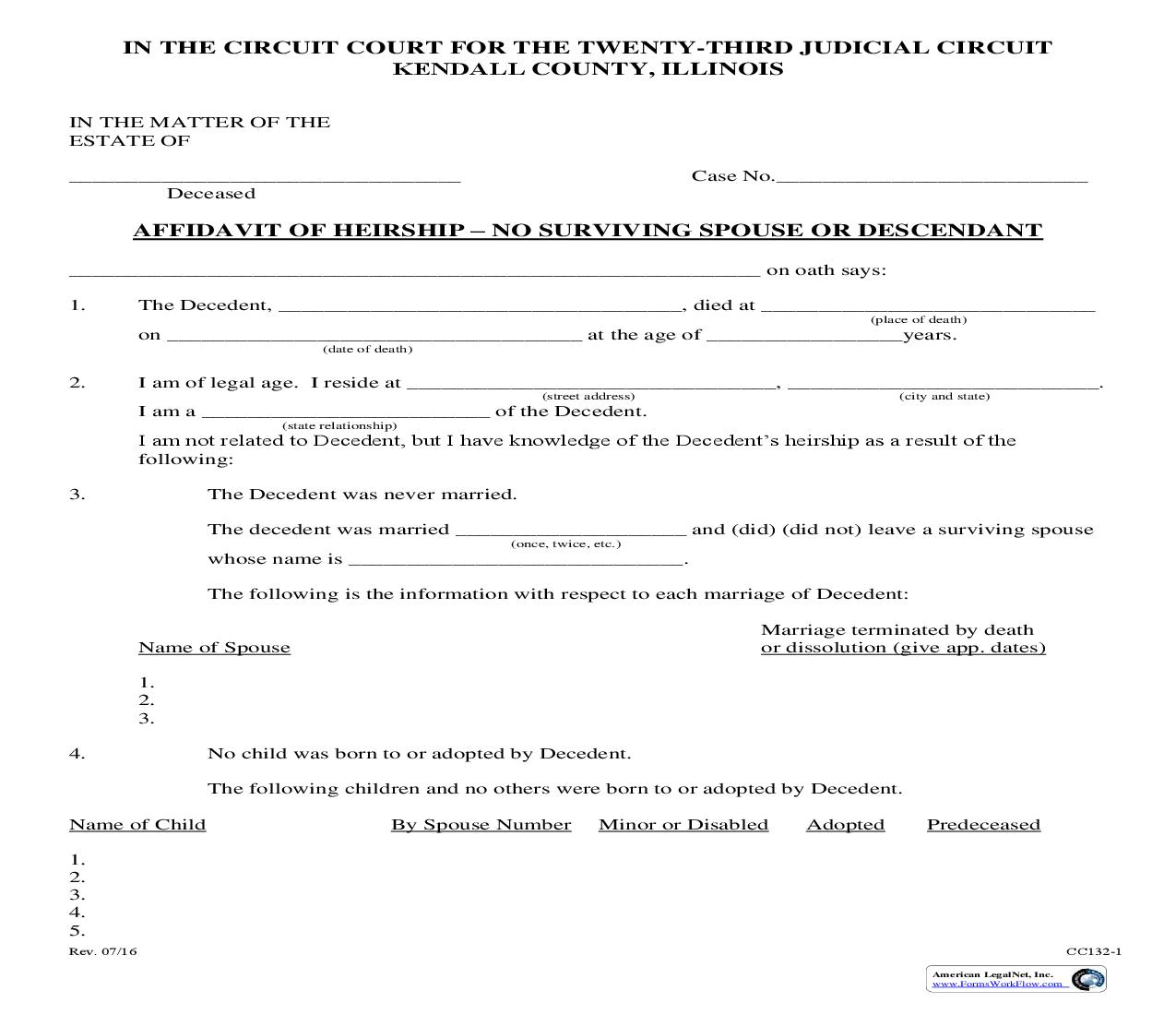 Affidavit Of Heirship No Surviving Spouse Or Descendant {CC132} | Pdf Fpdf Doc Docx | Illinois