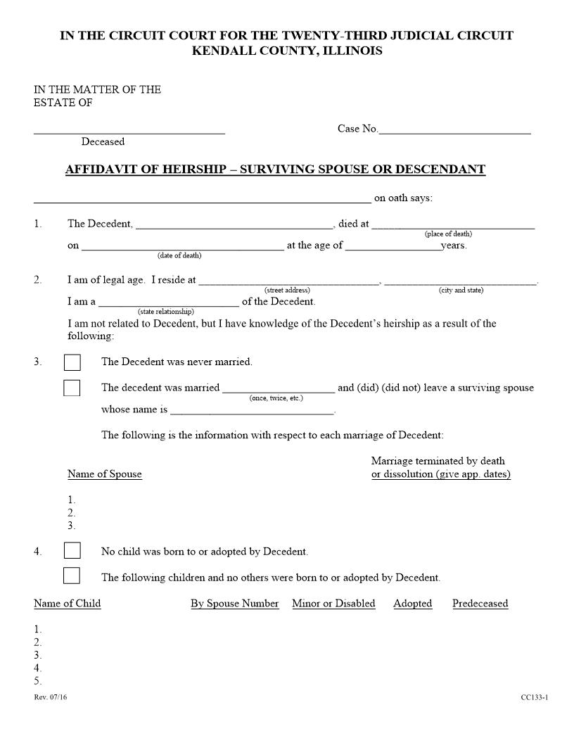 Affidavit Of Heirship Surviving Spouse Or Descendant {CC133} | Pdf Fpdf Docx | Illinois