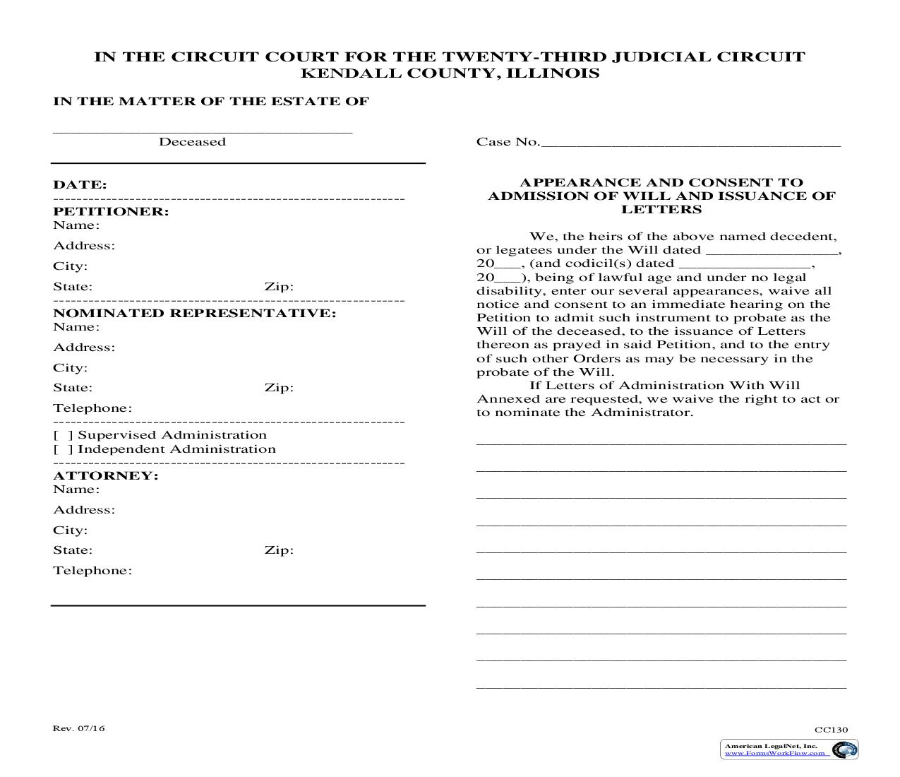 Appearance Consent To Admission Of Will Issuance Of Letters {CC130} | Pdf Fpdf Doc Docx | Illinois