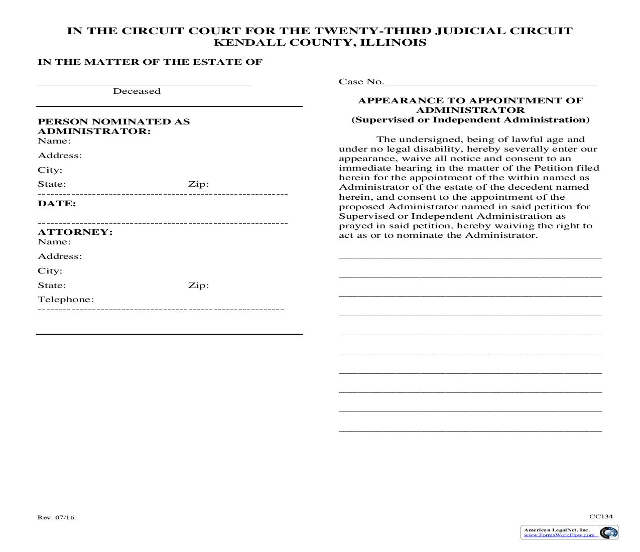 Appearance To Appointment Of Administrator {CC134} | Pdf Fpdf Doc Docx | Illinois
