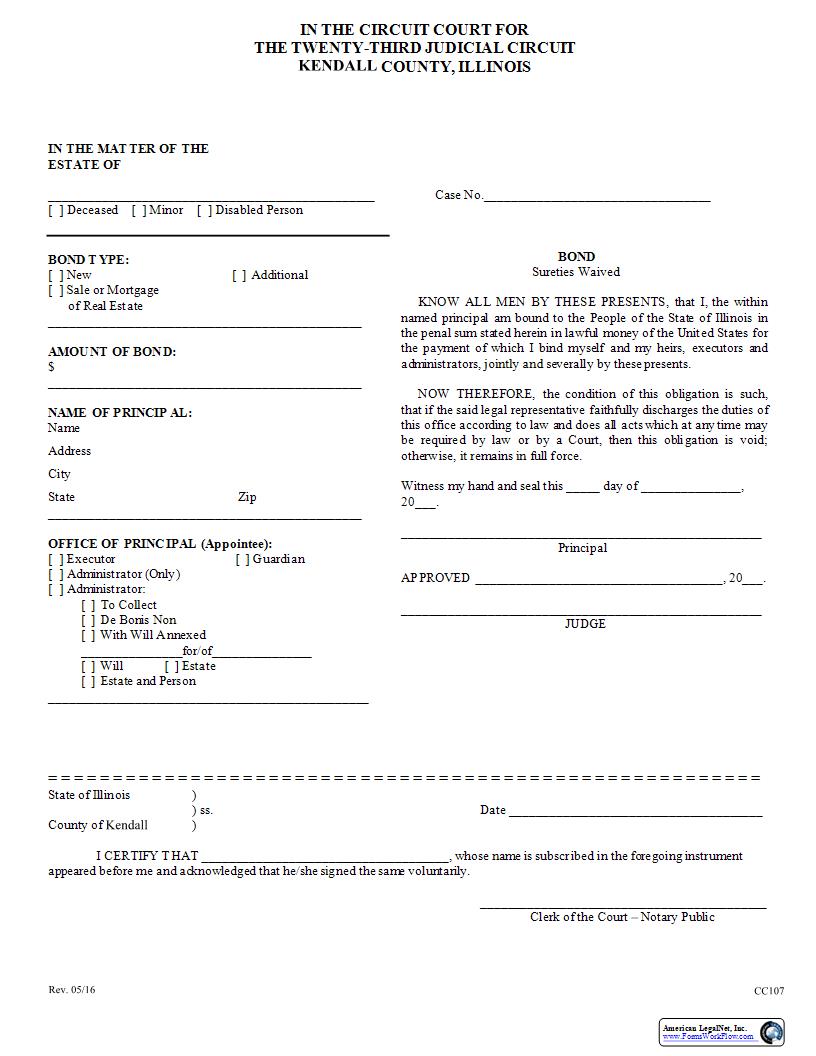 Bond - Sureties Waived {CC107} | Pdf Fpdf Docx | Illinois
