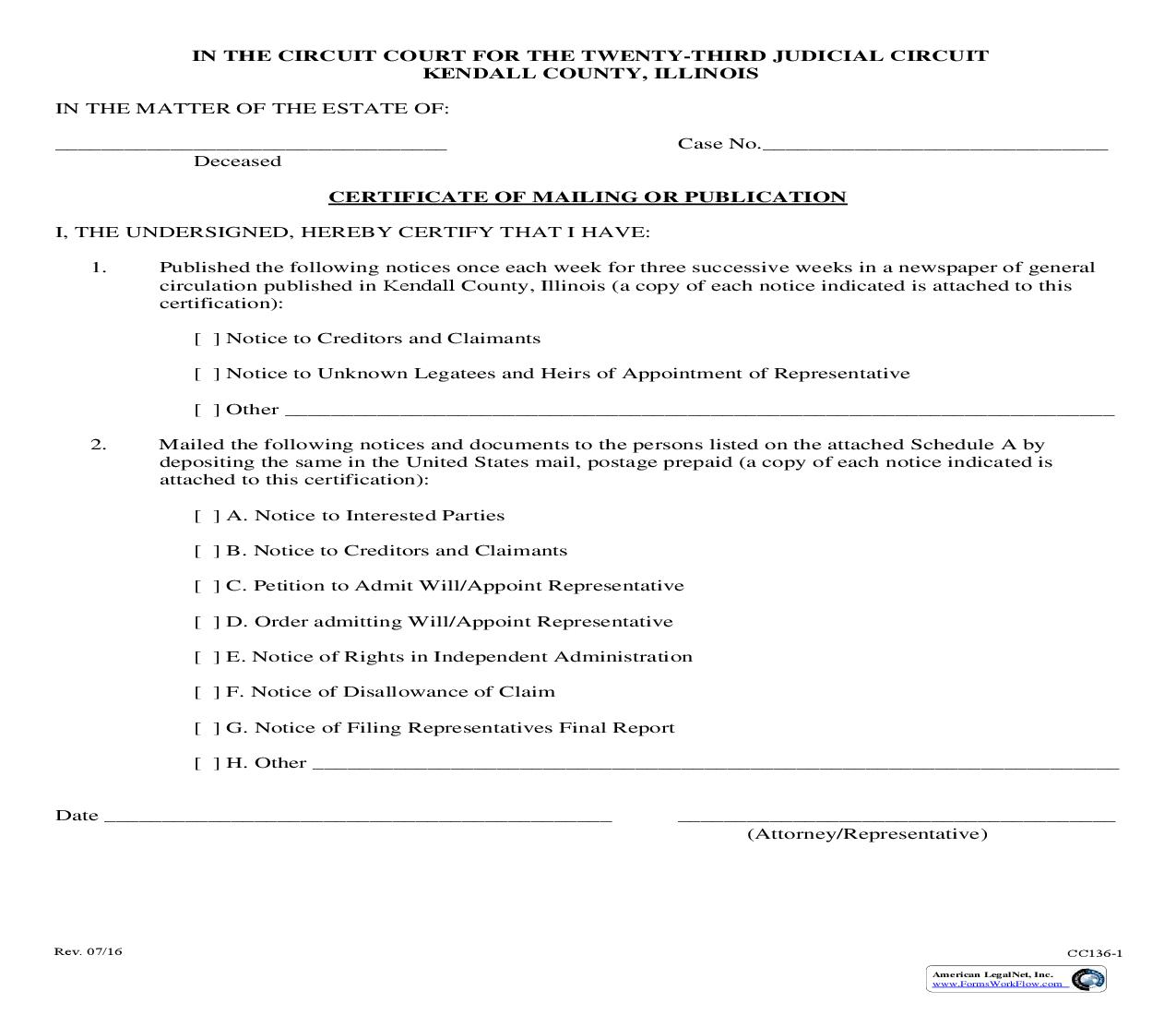 Certificate Of Mailing Or Publication {CC136} | Pdf Fpdf Doc Docx | Illinois