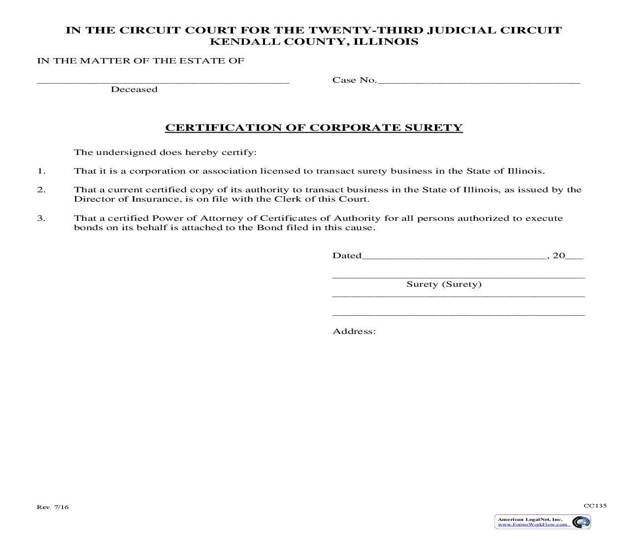 Certification Of Corporate Surety {CC135} | Pdf Fpdf Doc Docx | Illinois