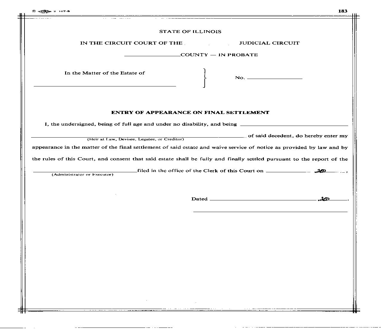 Entry Of Appearance On Final Settlement {183} | Pdf Fpdf Doc Docx | Illinois