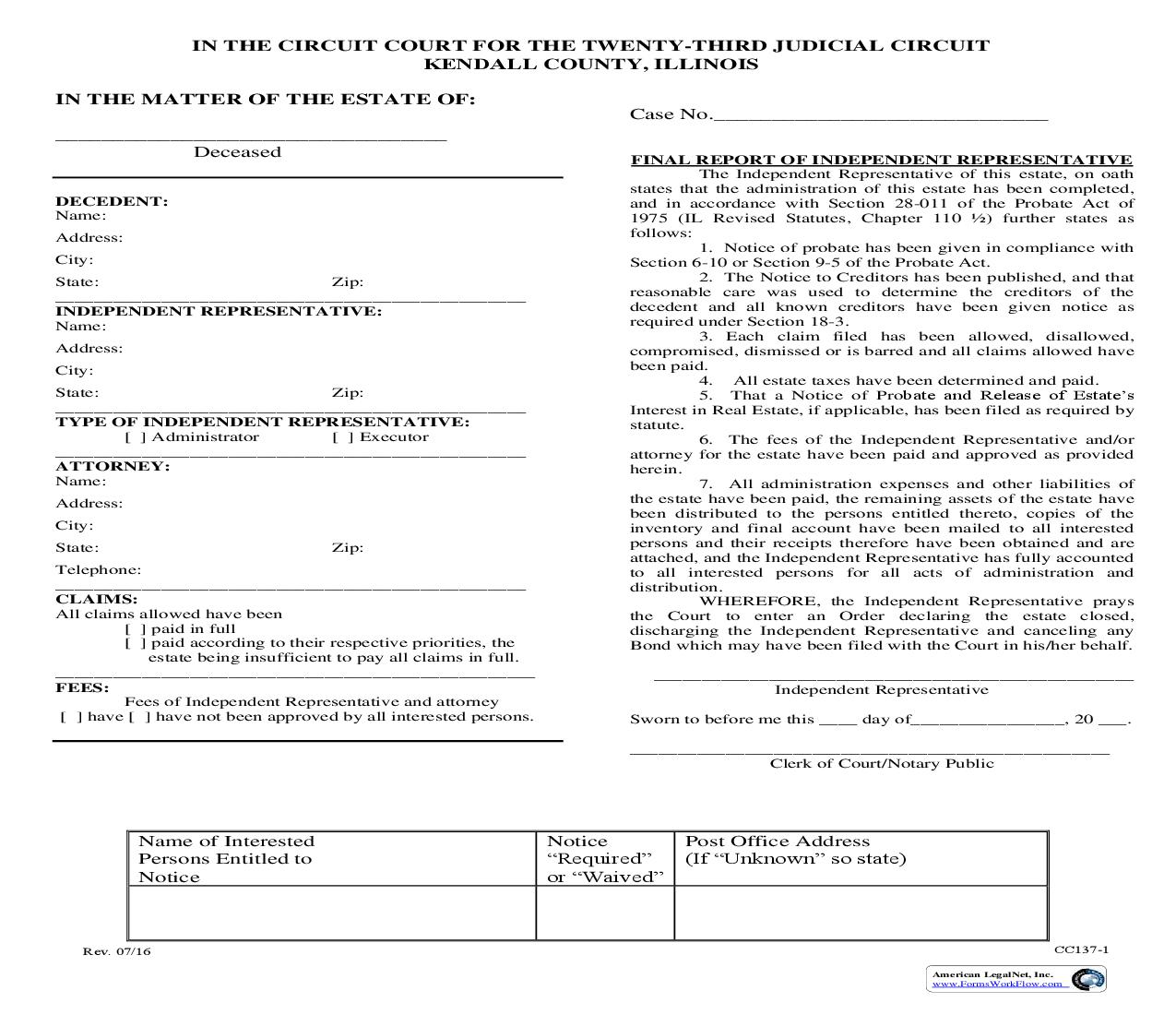 Final Report Of Independent Representative. {CC137} | Pdf Fpdf Doc Docx | Illinois