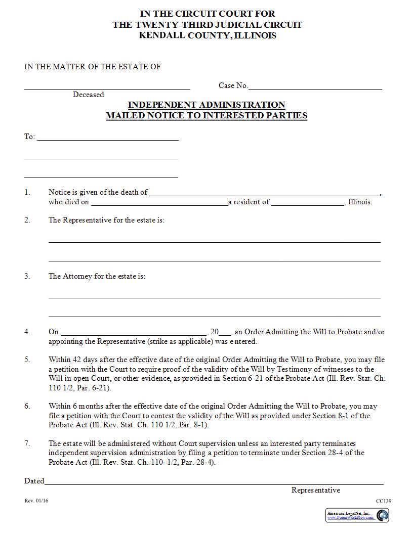 Independent Administration Mailed Notice To Interested Parties {CC139} | Pdf Fpdf Docx | Illinois