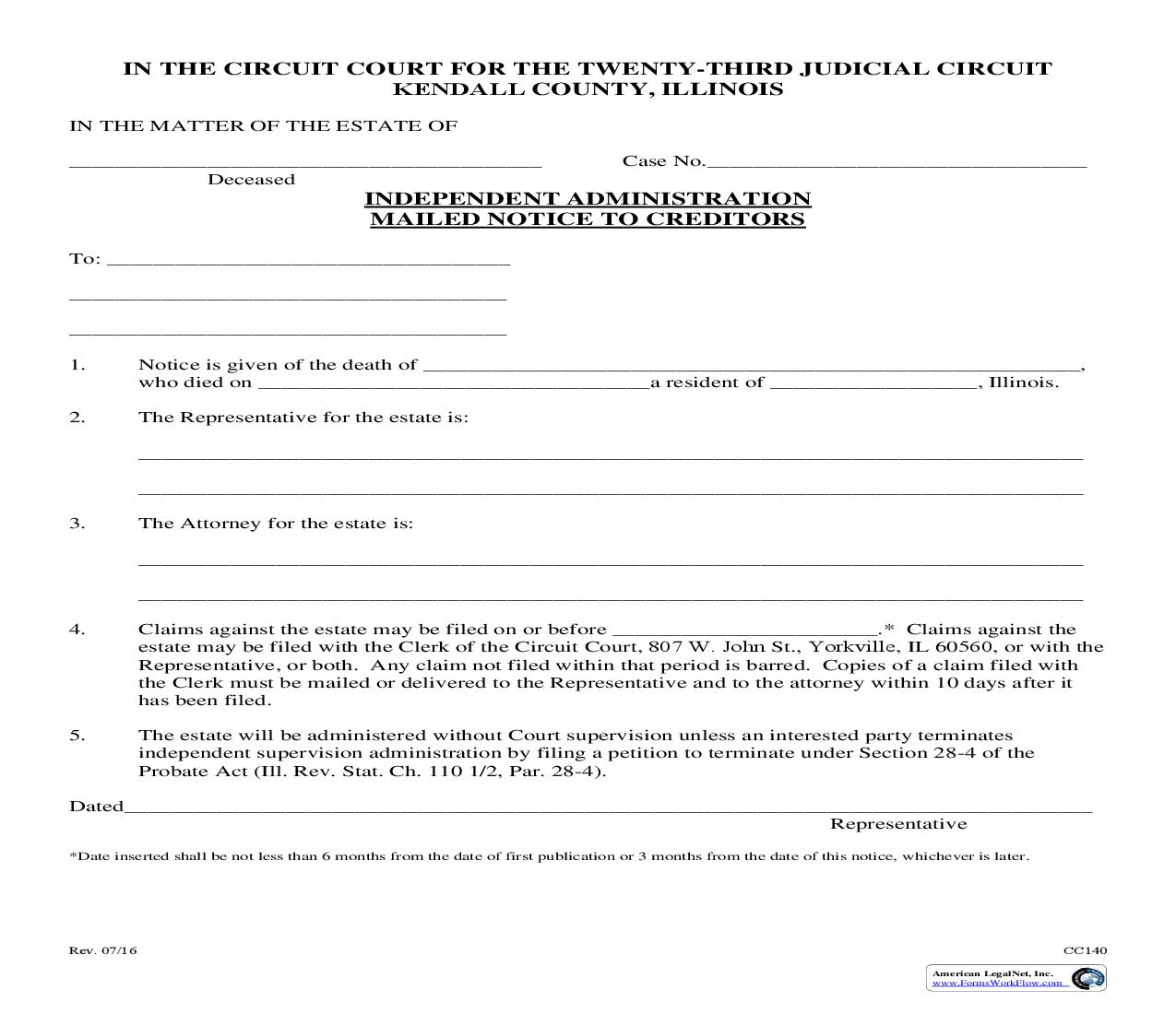 Independent Administration Mailed Notices To Creditors {CC140} | Pdf Fpdf Doc Docx | Illinois