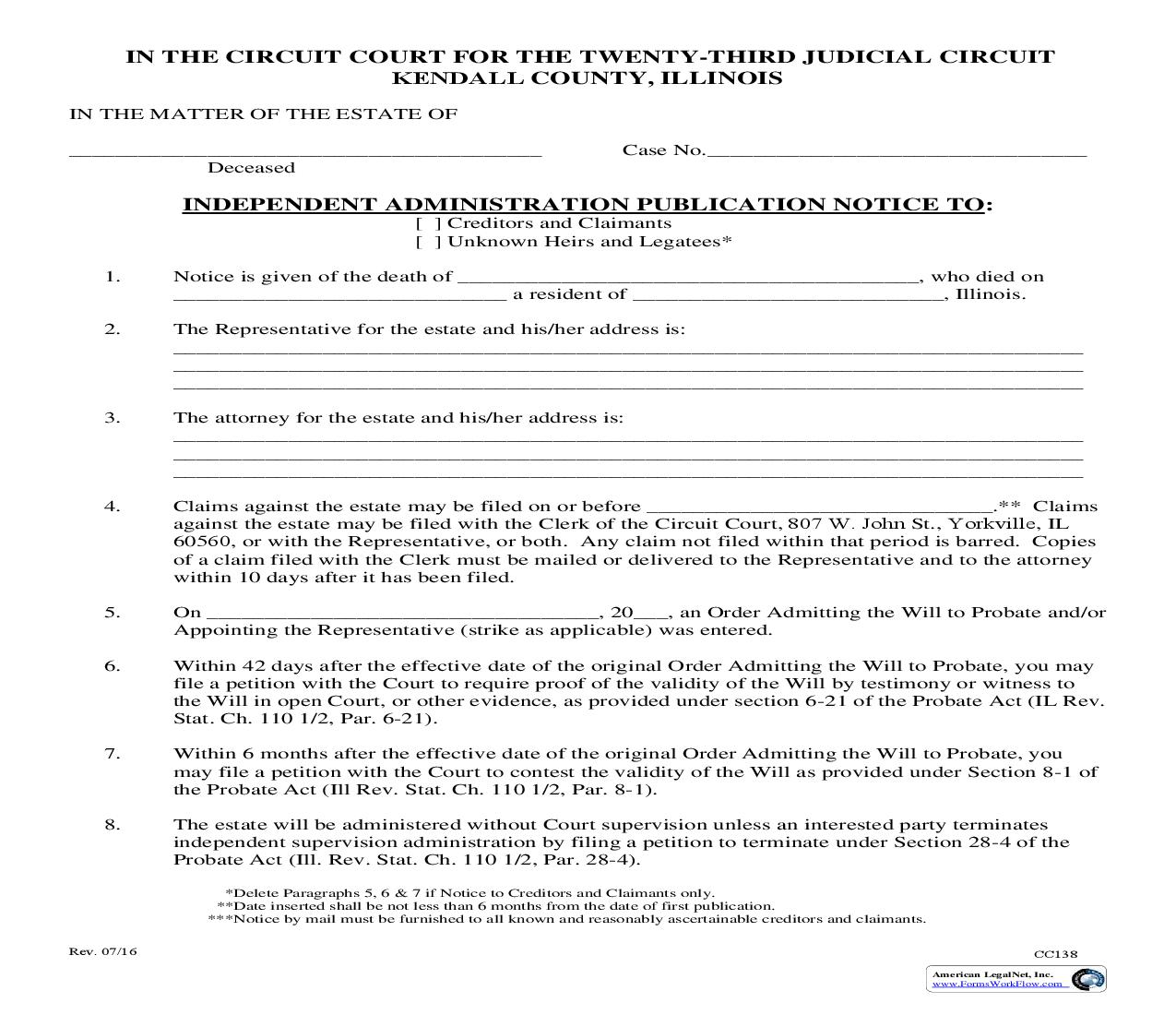 Independent Administration Publication Notice {CC138} | Pdf Fpdf Doc Docx | Illinois